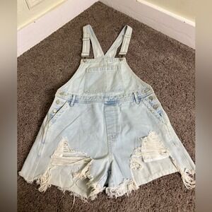 SHEIN Women Light Wash Distressed Denim Shortalls Bib Overalls Light Blue Large